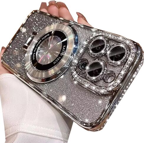 Magnetic Kickstand Glitter Case for iPhone 15 Pro Max, [Compatible with Magsafe] Luxury Bling Sparkly Diamond Rhinestones with Camera Protector Women Girls Case for iPhone 15 Pro Max (Silver) in Saudi Arabia