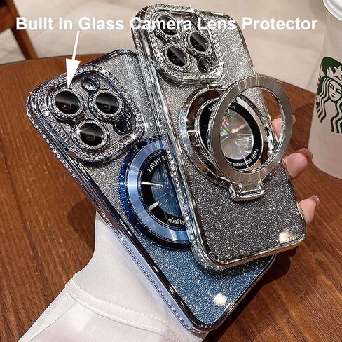 Magnetic Kickstand Glitter Case for iPhone 15 Pro Max, [Compatible with Magsafe] Luxury Bling Sparkly Diamond Rhinestones with Camera Protector Women Girls Case for iPhone 15 Pro Max (Silver) in Saudi Arabia