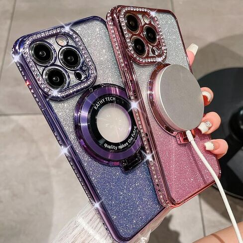 Magnetic Kickstand Glitter Case for iPhone 15 Pro Max, [Compatible with Magsafe] Luxury Bling Sparkly Diamond Rhinestones with Camera Protector Women Girls Case for iPhone 15 Pro Max (Silver) in Saudi Arabia
