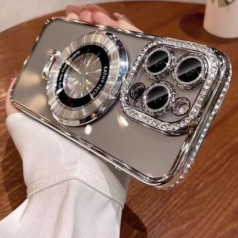 Magnetic Kickstand Glitter Case for iPhone 15 Pro Max, [Compatible with Magsafe] Luxury Bling Sparkly Diamond Rhinestones with Camera Protector Women Girls Case for iPhone 15 Pro Max (Silver) in Saudi Arabia