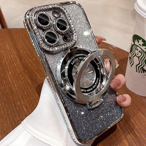 Magnetic Kickstand Glitter Case for iPhone 15 Pro Max, [Compatible with Magsafe] Luxury Bling Sparkly Diamond Rhinestones with Camera Protector Women Girls Case for iPhone 15 Pro Max (Silver) in Saudi Arabia
