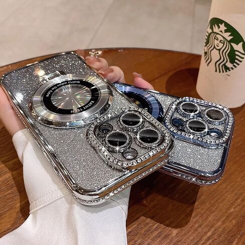 Magnetic Kickstand Glitter Case for iPhone 15 Pro Max, [Compatible with Magsafe] Luxury Bling Sparkly Diamond Rhinestones with Camera Protector Women Girls Case for iPhone 15 Pro Max (Silver) in Saudi Arabia