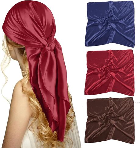 ZMC 3PCS Satin Square Head Scarf, 35’’ Hair Silk Scarves Solid Color Large Satin Hair Scarves Bandanas Square Silk Hair Wrap Neck Scarf for Women(A) in Saudi Arabia