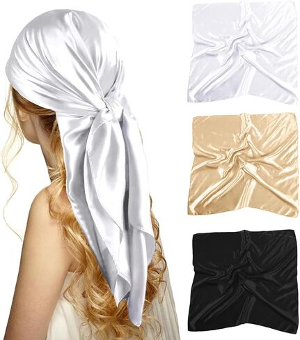 ZMC 3PCS Satin Square Head Scarf, 35’’ Hair Silk Scarves Solid Color Large Satin Hair Scarves Bandanas Square Silk Hair Wrap Neck Scarf for Women(A) in Saudi Arabia
