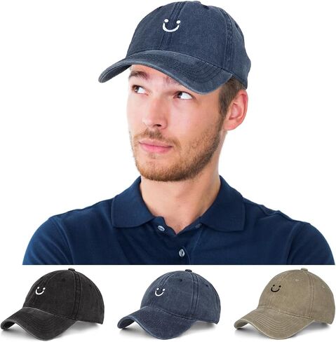 Washed Cotton Vintage Baseball Cap Sun Hats Men Women Smile Baseball Cap Adjustable Dad Golf Hat (Cotton, G) in Kuwait