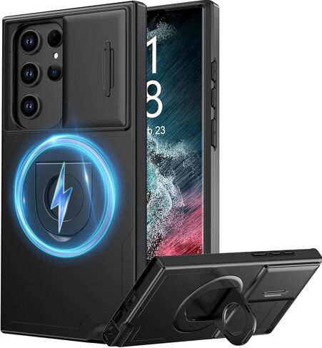 FUNMIKO for Samsung Galaxy S22 Ultra Case with Sliding Camera Lens Cover - Wireless Charging Compatible - Magnetic Kickstand - Shockproof Protective Phone Case 6.8" for Men Women Girls - Black in Saudi Arabia