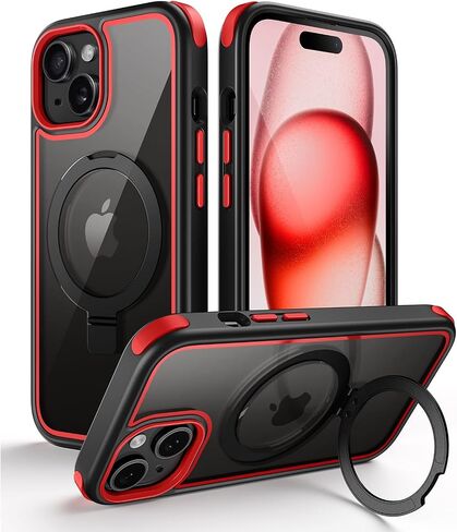 for iPhone 15 Case with Stand, Compatible with MagSafe, Crystal Clear Back, Military-Grade Protection, Magnetic Ring Holder & Protective Bumpers, Non-Yellowing Scratch-Resistant - Black/Red in Saudi Arabia