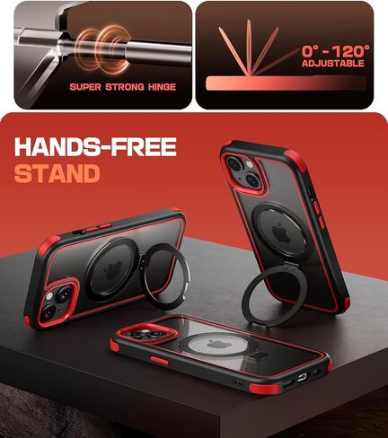 for iPhone 15 Case with Stand, Compatible with MagSafe, Crystal Clear Back, Military-Grade Protection, Magnetic Ring Holder & Protective Bumpers, Non-Yellowing Scratch-Resistant - Black/Red in Saudi Arabia
