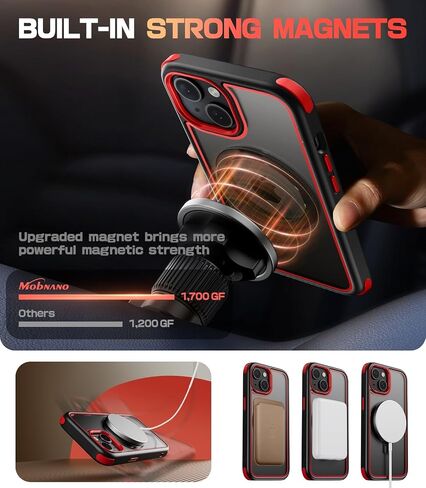 for iPhone 15 Case with Stand, Compatible with MagSafe, Crystal Clear Back, Military-Grade Protection, Magnetic Ring Holder & Protective Bumpers, Non-Yellowing Scratch-Resistant - Black/Red in Saudi Arabia