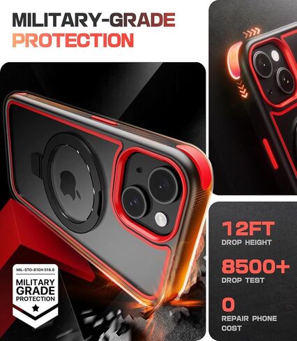 for iPhone 15 Case with Stand, Compatible with MagSafe, Crystal Clear Back, Military-Grade Protection, Magnetic Ring Holder & Protective Bumpers, Non-Yellowing Scratch-Resistant - Black/Red in Saudi Arabia