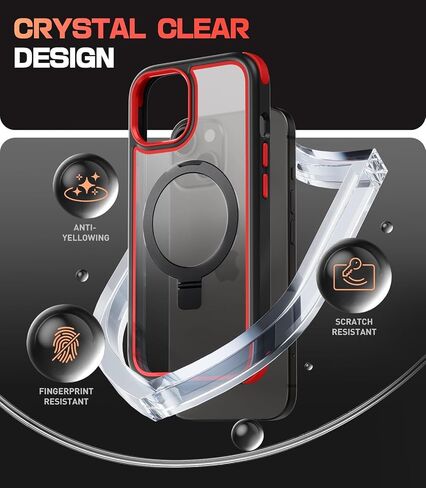 for iPhone 15 Case with Stand, Compatible with MagSafe, Crystal Clear Back, Military-Grade Protection, Magnetic Ring Holder & Protective Bumpers, Non-Yellowing Scratch-Resistant - Black/Red in Saudi Arabia