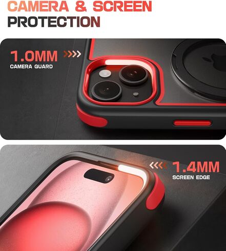for iPhone 15 Case with Stand, Compatible with MagSafe, Crystal Clear Back, Military-Grade Protection, Magnetic Ring Holder & Protective Bumpers, Non-Yellowing Scratch-Resistant - Black/Red in Saudi Arabia