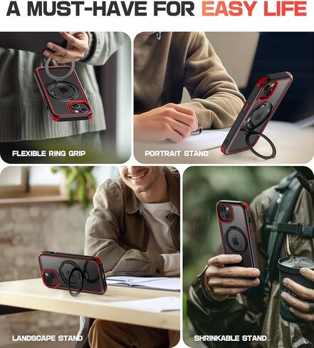 for iPhone 15 Case with Stand, Compatible with MagSafe, Crystal Clear Back, Military-Grade Protection, Magnetic Ring Holder & Protective Bumpers, Non-Yellowing Scratch-Resistant - Black/Red in Saudi Arabia