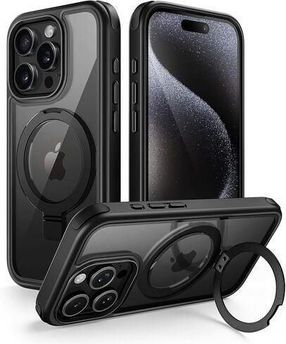 for iPhone 15 Case with Stand, Compatible with MagSafe, Crystal Clear Back, Military-Grade Protection, Magnetic Ring Holder & Protective Bumpers, Non-Yellowing Scratch-Resistant - Black/Red in Kuwait