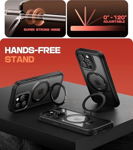 for iPhone 15 Case with Stand, Compatible with MagSafe, Crystal Clear Back, Military-Grade Protection, Magnetic Ring Holder & Protective Bumpers, Non-Yellowing Scratch-Resistant - Black/Red in Kuwait
