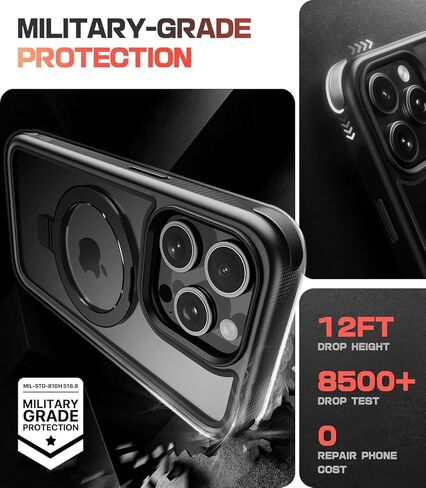 for iPhone 15 Case with Stand, Compatible with MagSafe, Crystal Clear Back, Military-Grade Protection, Magnetic Ring Holder & Protective Bumpers, Non-Yellowing Scratch-Resistant - Black/Red in Kuwait