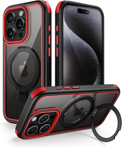 for iPhone 15 Case with Stand, Compatible with MagSafe, Crystal Clear Back, Military-Grade Protection, Magnetic Ring Holder & Protective Bumpers, Non-Yellowing Scratch-Resistant - Black/Red in Kuwait
