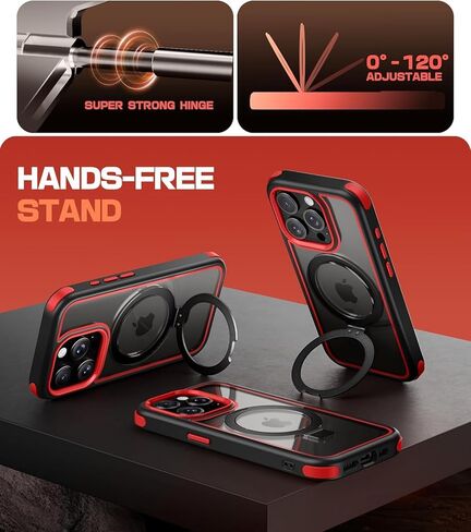 for iPhone 15 Case with Stand, Compatible with MagSafe, Crystal Clear Back, Military-Grade Protection, Magnetic Ring Holder & Protective Bumpers, Non-Yellowing Scratch-Resistant - Black/Red in Kuwait