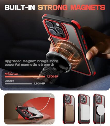 for iPhone 15 Case with Stand, Compatible with MagSafe, Crystal Clear Back, Military-Grade Protection, Magnetic Ring Holder & Protective Bumpers, Non-Yellowing Scratch-Resistant - Black/Red in Kuwait