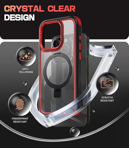for iPhone 15 Case with Stand, Compatible with MagSafe, Crystal Clear Back, Military-Grade Protection, Magnetic Ring Holder & Protective Bumpers, Non-Yellowing Scratch-Resistant - Black/Red in Kuwait