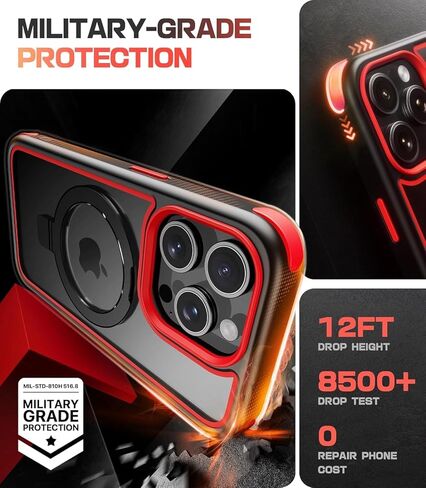 for iPhone 15 Case with Stand, Compatible with MagSafe, Crystal Clear Back, Military-Grade Protection, Magnetic Ring Holder & Protective Bumpers, Non-Yellowing Scratch-Resistant - Black/Red in Kuwait