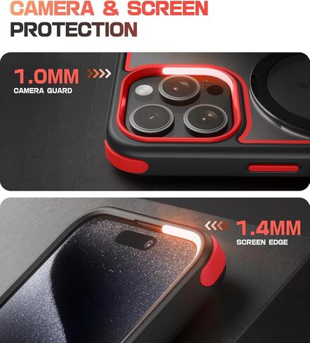 for iPhone 15 Case with Stand, Compatible with MagSafe, Crystal Clear Back, Military-Grade Protection, Magnetic Ring Holder & Protective Bumpers, Non-Yellowing Scratch-Resistant - Black/Red in Kuwait