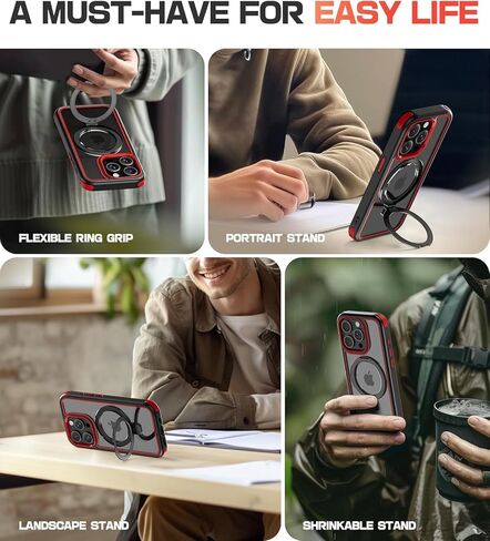 for iPhone 15 Case with Stand, Compatible with MagSafe, Crystal Clear Back, Military-Grade Protection, Magnetic Ring Holder & Protective Bumpers, Non-Yellowing Scratch-Resistant - Black/Red in Kuwait