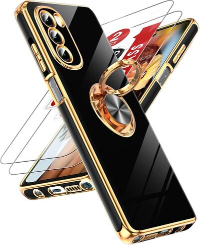 LeYi for Moto G Stylus 5G 2022 Case: with Tempered Glass Screen Protector [2 Pack] 360° Rotatable Ring Holder Magnetic Kickstand, Plating Rose Gold Edge Motorola G Stylus 5G 2022 Case, Black in Kuwait