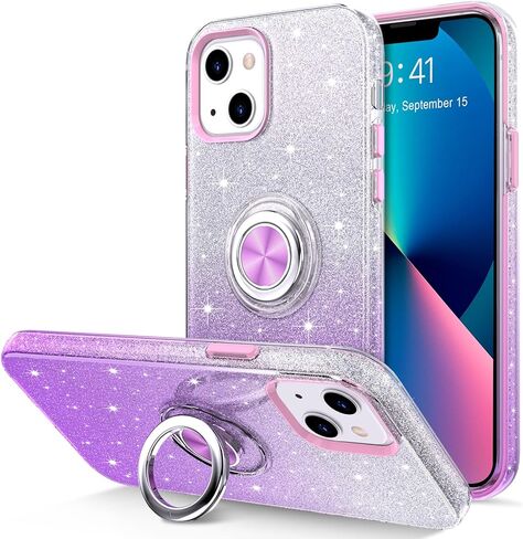 Hython Case for iPhone 13 Case with Ring Stand [360° Rotatable Ring Holder Magnetic Kickstand] [Soft Microfiber Lining] Slim Shockproof Rubber Protective Phone Case Cover for Women Girls, Pink Sand in Saudi Arabia