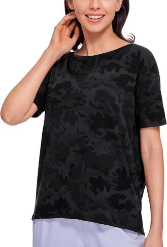 CRZ YOGA Women's Pima Cotton Short Sleeve Shirts Loose Fit Gym Workout T-Shirt Athletic Casual Tops Cambric Blue Medium in Saudi Arabia