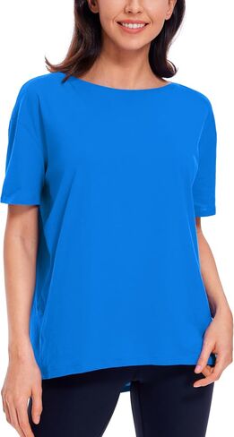 CRZ YOGA Women's Pima Cotton Short Sleeve Shirts Loose Fit Gym Workout T-Shirt Athletic Casual Tops Cambric Blue Medium in Saudi Arabia