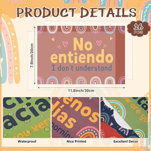 16 Pcs Spanish Posters Spanish Words and Phrases Posters Spanish English Classroom Decorations Set Spanish Bulletin Board Educational Study Materials for Teachers Kids Preschool Primary (Boho) in Saudi Arabia
