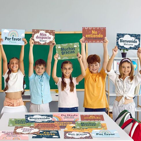 16 Pcs Spanish Posters Spanish Words and Phrases Posters Spanish English Classroom Decorations Set Spanish Bulletin Board Educational Study Materials for Teachers Kids Preschool Primary (Boho) in Saudi Arabia