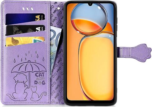 حافظة هاتف بمحفظة لهاتف Xiaomi Redmi 13C، حافظة جلدية من البولي يوريثان بنمط كرتوني لطيف على شكل كلب قطة، مشبك مغناطيسي وفتحات لبطاقة النقود، حافظة هاتف لـ Redmi 13C، CD أرجواني in Saudi Arabia