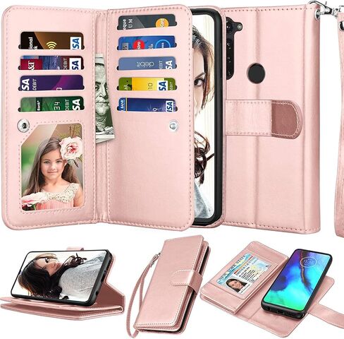 NJJEX متوافق مع حافظة Mototola G Stylus 2020/حافظة محفظة Moto G Stylus 2020، [9 فتحات للبطاقات] حامل بطاقات الهوية من جلد البولي يوريثان فليب [قابل للفصل] غطاء هاتف مغناطيسي وحبل - ذهبي وردي in Saudi Arabia