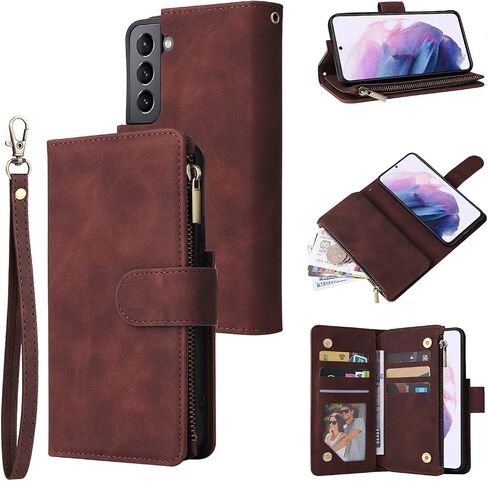 LBYZCASE for Samsung Galaxy S22 5G Case with Card Holder,Durable Luxury Magnetic Folio Flip Leather Zipper Pocket Wrist Strap Kickstand Women Men for Samsung Galaxy S22 6.1" (Coffee) in Saudi Arabia
