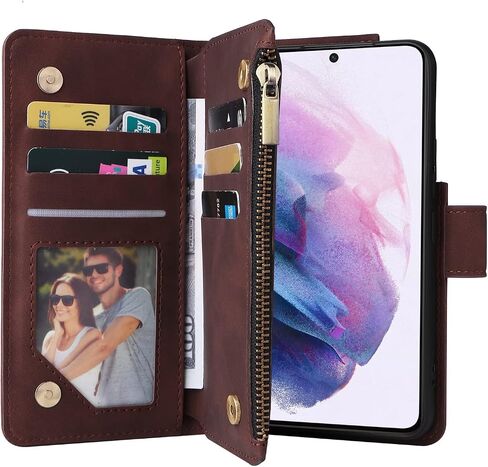 LBYZCASE for Samsung Galaxy S22 5G Case with Card Holder,Durable Luxury Magnetic Folio Flip Leather Zipper Pocket Wrist Strap Kickstand Women Men for Samsung Galaxy S22 6.1" (Coffee) in Saudi Arabia