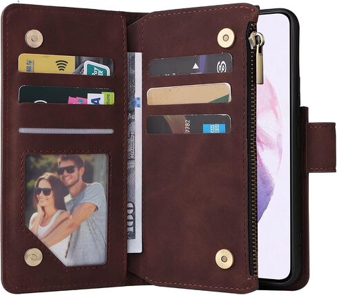 LBYZCASE for Samsung Galaxy S22 5G Case with Card Holder,Durable Luxury Magnetic Folio Flip Leather Zipper Pocket Wrist Strap Kickstand Women Men for Samsung Galaxy S22 6.1" (Coffee) in Saudi Arabia