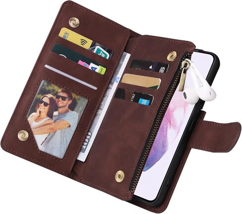 LBYZCASE for Samsung Galaxy S22 5G Case with Card Holder,Durable Luxury Magnetic Folio Flip Leather Zipper Pocket Wrist Strap Kickstand Women Men for Samsung Galaxy S22 6.1" (Coffee) in Saudi Arabia