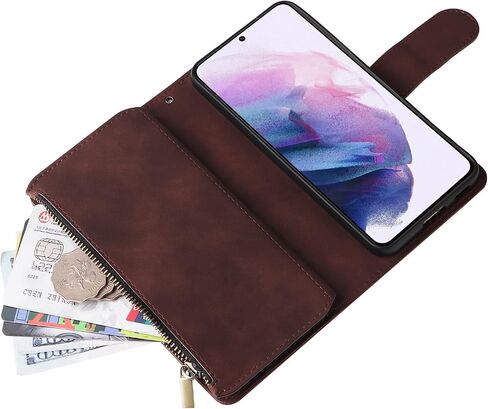 LBYZCASE for Samsung Galaxy S22 5G Case with Card Holder,Durable Luxury Magnetic Folio Flip Leather Zipper Pocket Wrist Strap Kickstand Women Men for Samsung Galaxy S22 6.1" (Coffee) in Saudi Arabia