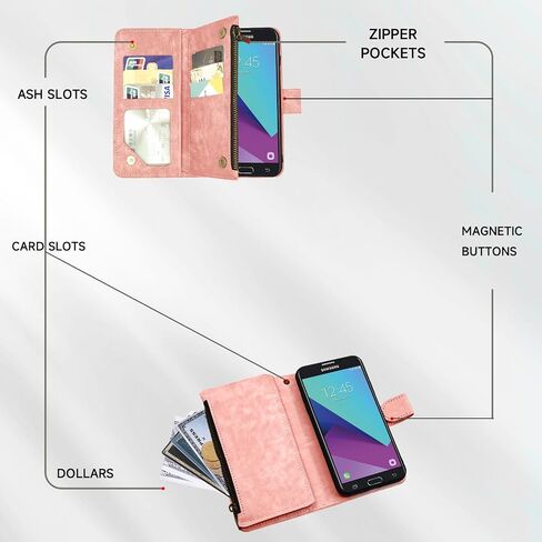 Compatible with Samsung Galaxy J7 Prime 2017 J 7 Skypro Sky Pro J7V V S727VL Wallet Case and Premium Vintage Leather Flip Credit Card Holder Phone Cover for Glaxay Halo7J Perx J7prime Women Men Pink in Kuwait