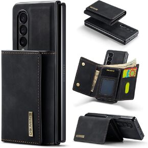 2 in 1 Magnetic Detachable Wallet Case for Samsung Galaxy Z Fold 4, DG.MING Retro Leather Phone Case Kickstand with Clutch Trifold Full Length Bill Wallet Credit Cards Holder (Black)