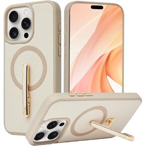 CUSTYPE for iPhone 14 Pro Max Magnetic Case with Stand for Women, Compatible with Wireless Charging, [2-Way Stand] Metal Kickstand,Slim Fit Leather Protective Case for Apple 14 Pro Max 6.7inch Beige
