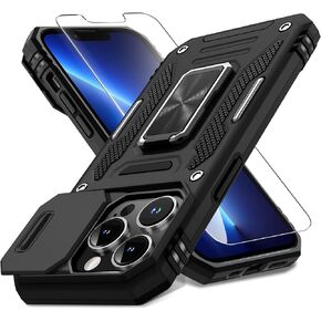 DEERLAMN Case for iPhone 13 Pro with Slide Camera Cover+Screen Protector(1 Pack),Rotated Ring Kickstand Military Grade Shockproof Protective Cover-Black