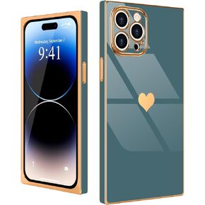 Compatible with iPhone 15 Pro Max Case Rectangle for Women Girls Cute Love Heart Luxury Plating Gold Shockproof Raised Full Camera Lens Protection Cover Phone Case for iPhone 15 Pro Max, Black