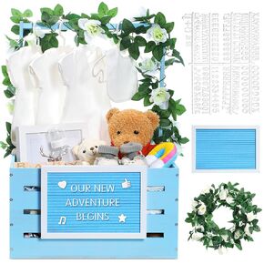 Wooden Baby Shower Crate Closet, Baby Basket with Handle and Felt Letter Board Kit Garland Baby Shower Wooden Gift Crate Personalized Basket for Pregnancy Announcement New Parent (Walnut)