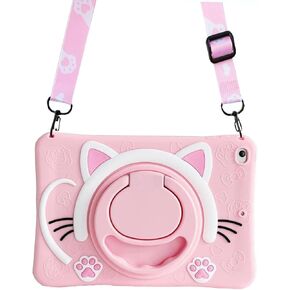 Tablet Case for Samsung Galaxy Tab A9 Plus 11 inch 2023(SM-X210/X216/X218) Cover with 360° Swivel Stand/Handle Grip/Shoulder Strap,Shockproof Silicone Cover 3D Lovely Cat Case(Pink)