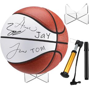 Liliful Autograph Basketball with Acrylic Ball Stand, Signature Pen and Pump Blank Signature Official Ball 4 Panel Basketball Coach Gifts for Sports School College Birthday Graduation (Fresh Style)