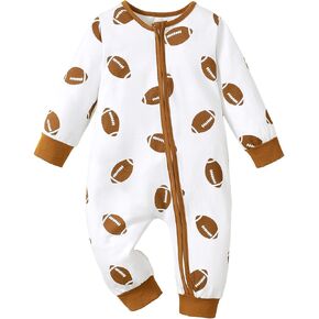Newborn Baby Boy Girl Football Outfit Rugby Print Long Sleeve Romper Zipped One Piece Jumpsuit Playsuit Fall Clothes