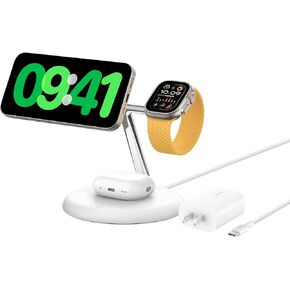 Belkin 3-in-1 Wireless Charging Stand with Magnetic MagSafe Compatible Qi2 15W, Fast Charging iPhone Charger for iPhone 15, 14, and 13 Series, AirPods, Apple Watch, & More (PSU Included) - White